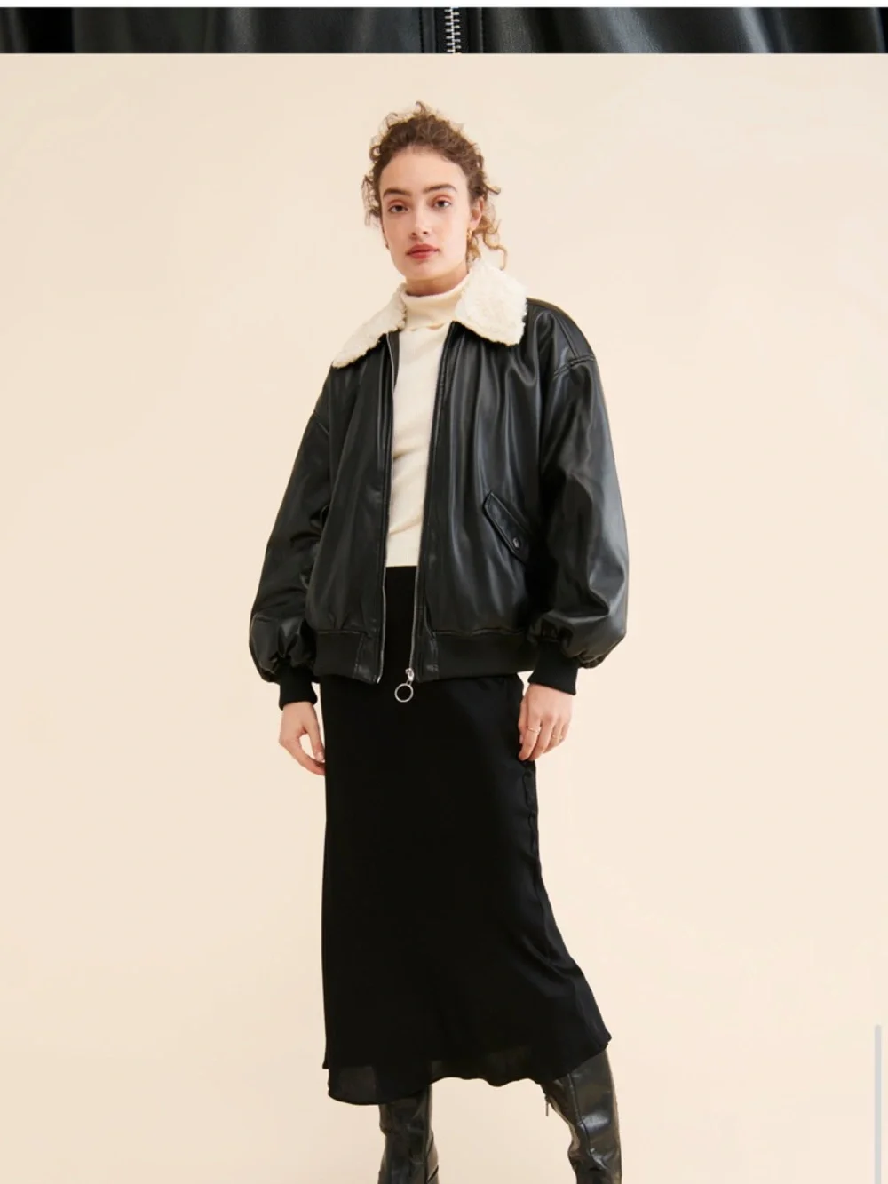 WeWoreWhat Black Faux Leather Bomber Jacket with Cream Shearling Collar - Picture 4 of 4